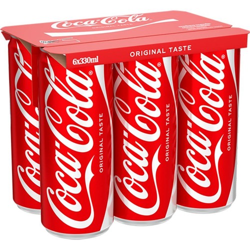 Opakowanie zbiorcze Coca-Cola Original Taste, zawierające 6 puszek po 330 ml. Łącznie 1.98 litra napoju.