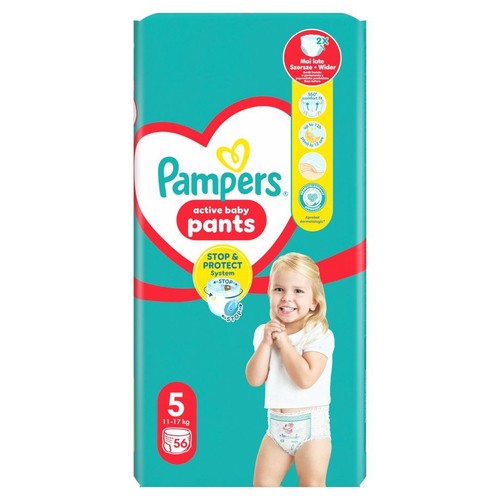 Pieluchomajtki Pampers Active Baby Pants, rozmiar 5, 56 sztuk. Opakowanie turkusowe z logo Pampers i wizerunkiem dziecka.