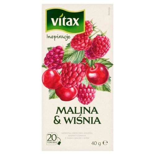 Herbata owocowo-ziołowa Vitax Malina & Wiśnia, 20 torebek. Opakowanie z ilustracją czerwonych owoców.