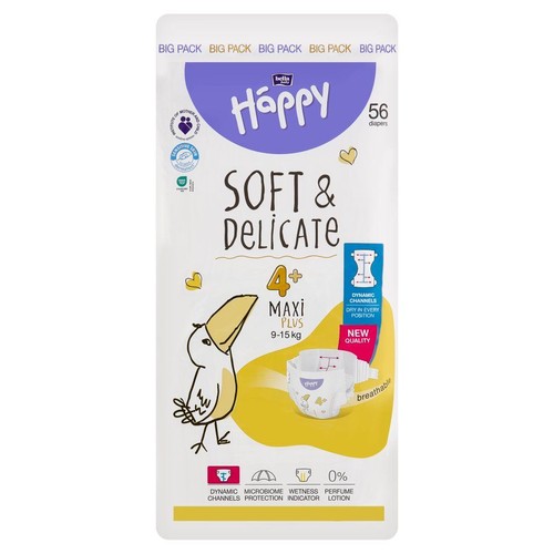 Opakowanie pieluszek Bella Happy Soft & Delicate Maxi Plus 4+, 56 sztuk, dla dzieci 9-15 kg. Biało-fioletowa szata graficzna.