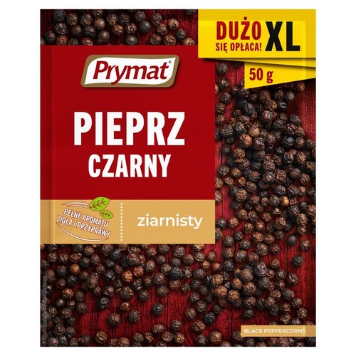 Pieprz czarny ziarnisty Prymat 50g w czerwonym opakowaniu. Widoczne ziarna pieprzu.