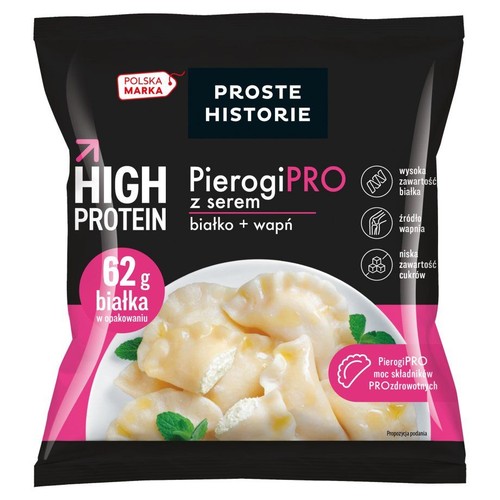 PierogiPRO z serem od Proste Historie. Produkt wysokobiałkowy z 62g białka. Źródło wapnia, niska zawartość cukrów.