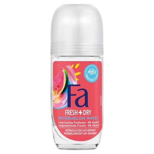 Antyperspirant roll-on Fa w przezroczystej butelce z różową etykietą z motywem arbuza.