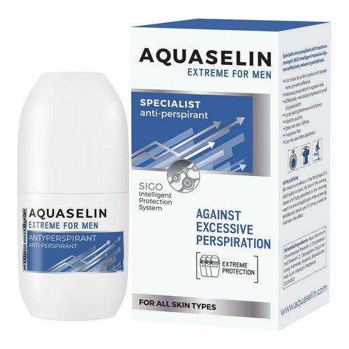 Produkt Aquaselin Extreme for Men: biały antyperspirant roll-on i jego opakowanie. System inteligentnej ochrony SIGO.