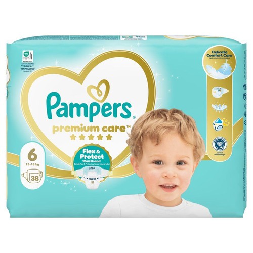 Pieluchy Pampers Premium Care, rozmiar 6 (13-18 kg), 38 sztuk. Na opakowaniu wizerunek dziecka.