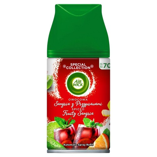 Wkład Air Wick Automatic Spray Refill o zapachu Spiced Fruity Sangria. Czerwone opakowanie z grafiką sangrii, limonki i pomarańczy.