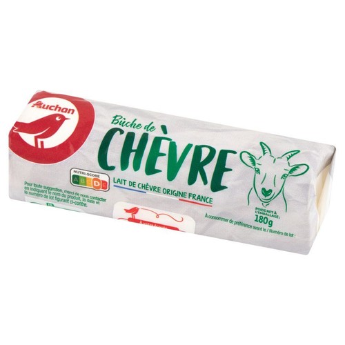 Francuski ser kozi Auchan, 180g. Opakowanie z logo Auchan i rysunkiem głowy kozy. Napis "Bûche de Chèvre".
