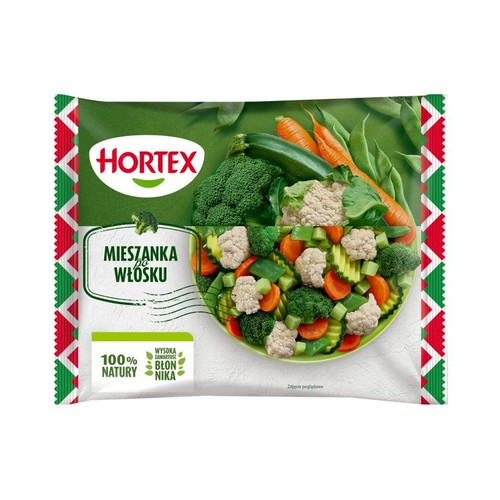 Zielone opakowanie Hortex "Mieszanka po Włosku" z grafiką miski pełnej brokułów, kalafiora, marchewki i zielonych warzyw.