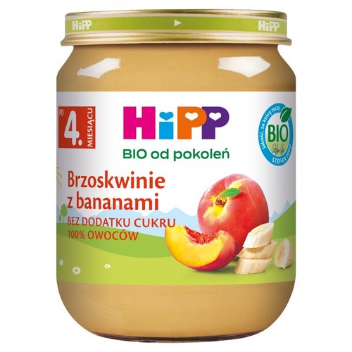 Przecier owocowy HiPP Brzoskwinie z bananami dla dzieci od 4 miesiąca. Produkt BIO, bez cukru. Etykieta z brzoskwiniami i bananami.