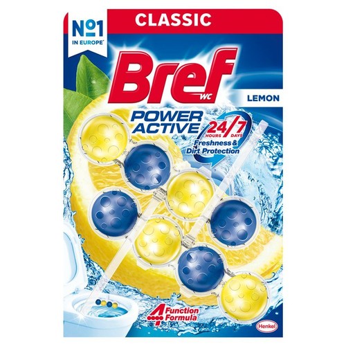 Bref WC Power Active Lemon, środek do toalet. Na opakowaniu widoczny plaster cytryny, woda oraz sześć kulek: trzy żółte i trzy niebieskie. Produkt z formułą zapewniającą 24/7 świeżość i ochronę przed brudem. Marka Henkel.