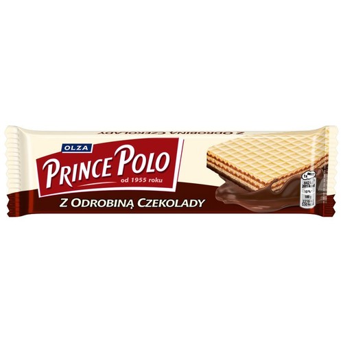 Biało-brązowe opakowanie wafla Prince Polo Z odrobiną czekolady. Na etykiecie widoczny wafel z warstwami czekoladowego nadzienia oraz kałuża roztopionej czekolady. Marka Olza, produkt od 1955 roku.