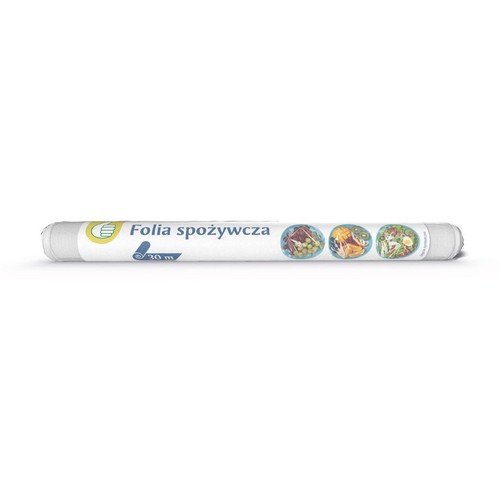 Produkt: folia spożywcza w rolce, 30 metrów. Etykieta jest biała z niebieskim napisem "Folia spożywcza" i symbolem długości. Zawiera też trzy ilustracje: danie mięsne, owoce i sałatkę, sugerujące zastosowanie produktu.