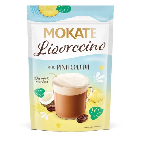 Biała torebka Mokate Lizorccino, smak Pina Colada. Z przodu ilustracja kawy z pianką, kawałków ananasa i kokosa.