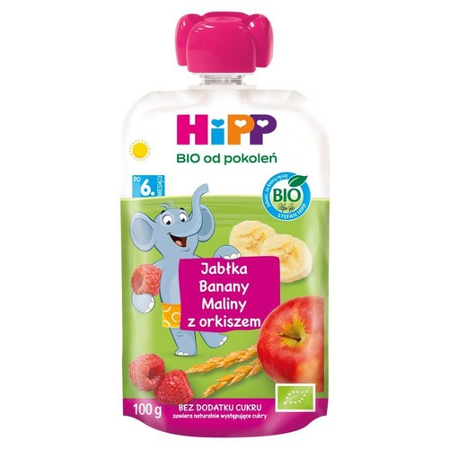 BIO Mus owocowy 100% jabłka banany maliny ze zbożami HiPP 100 g
