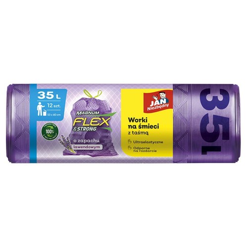 Rolka fioletowych worków na śmieci Jan Niezbędny Magnum Flex & Strong, 35L, 12 sztuk, 53x60 cm, o zapachu lawendowym.