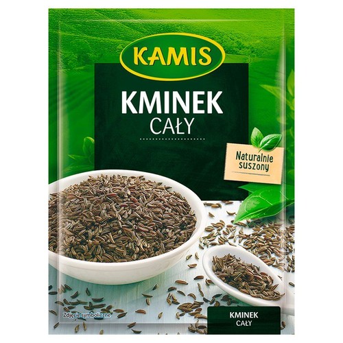 Opakowanie przyprawy Kamis Kminek Cały. Na zielonym tle widnieje biała miseczka i łyżeczka, obie wypełnione ciemnobrązowymi, całymi nasionami kminku. Produkt jest naturalnie suszony.