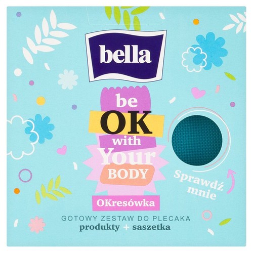 Opakowanie Bella OKresówka, gotowy zestaw do plecaka. Napis: Bądź OK ze swoim ciałem. Okrągłe wycięcie z napisem Sprawdź mnie.