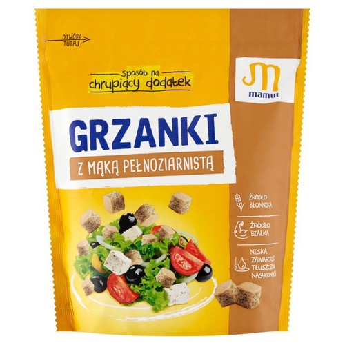Żółto-brązowe opakowanie grzanek pełnoziarnistych Mamut. Na etykiecie napis "Grzanki z mąką pełnoziarnistą".