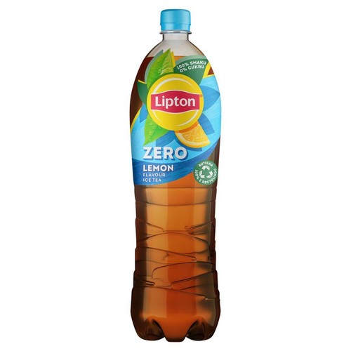 Napój Lipton Ice Tea Zero Lemon. Przezroczysta butelka z niebieską nakrętką. Etykieta informuje o 0% cukru.