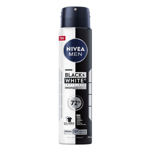 Antyperspirant w sprayu Nivea Men, puszka 250 ml. Design czarno-biały z napisem "Invisible Original" i "72H" na etykiecie.