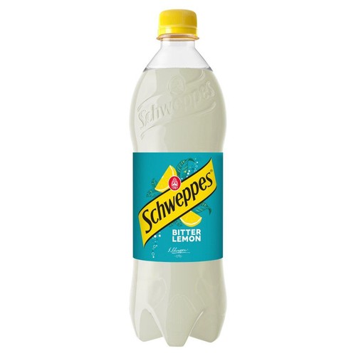 Butelka napoju Schweppes Bitter Lemon o pojemności 1.25 litra. Ma żółtą nakrętkę i turkusową etykietę z cytrynami.