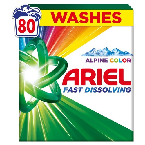 Opakowanie proszku do prania Ariel Fast Dissolving Alpine Color. Przeznaczony na 80 prań. Zielono-białe pudełko.