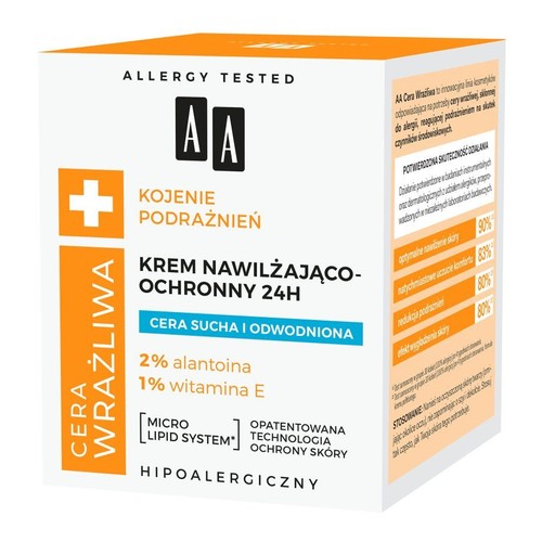 Krem AA Cera Wrażliwa 24H z 2% alantoiną i 1% witaminą E. Koi podrażnienia, nawilża skórę suchą i odwodnioną.