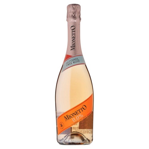 Produkt Mionetto 0.0% Alcohol Free Rosé w eleganckiej butelce. Posiada różową, metaliczną folię na korku i szyjce. Główna etykieta jest pomarańczowa, z białym napisem "Mionetto 0.0% Alcohol Free Rosé".