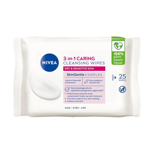 NIVEA 3w1 chusteczki oczyszczające do skóry suchej i wrażliwej, 25 sztuk. Z prowitaminą B5 i Hydraminą.