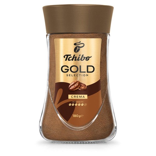 Słoik kawy rozpuszczalnej Tchibo Gold Selection Crema, 180g. Na złoto-brązowej etykiecie grafika z ziarnami kawy. Intensywność 3/6.