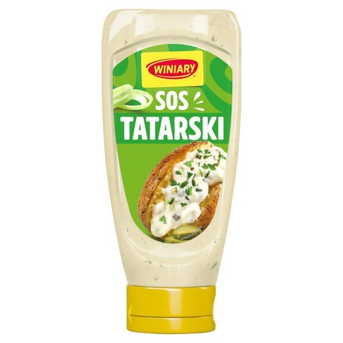 Winiary Sos Tatarski w beżowej butelce z żółtą nakrętką. Na etykiecie pieczywo z sosem i szczypiorkiem.