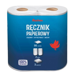 Ręcznik papierowy 3 warstwowy mocny 96 listków Auchan 2 rolki