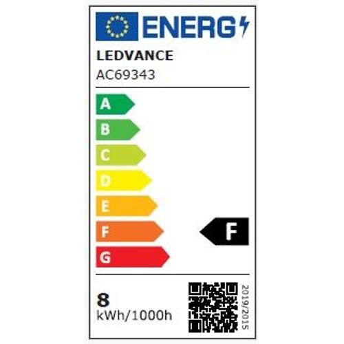 Oficjalna etykieta efektywności energetycznej dla urządzenia LEDVANCE o numerze AC69343. Wskazuje klasę energetyczną F na skali od A (najlepsza) do G (najgorsza). Całkowite zużycie energii wynosi 8 kWh na 1000 godzin pracy. Etykieta zawiera również kod QR.