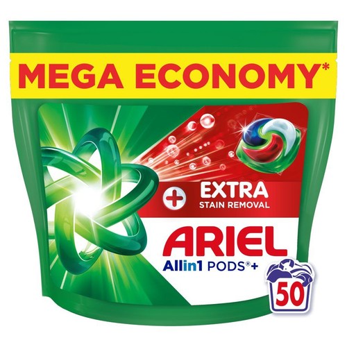 Zielone opakowanie kapsułek do prania Ariel Allin1 PODS+ z napisem "MEGA EKONOMICZNE" i liczbą 50 sztuk.