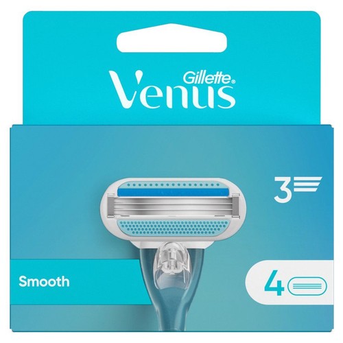 Opakowanie z 4 wkładami do maszynki Gillette Venus Smooth. Każdy wkład ma 3 ostrza i niebieski pasek nawilżający.