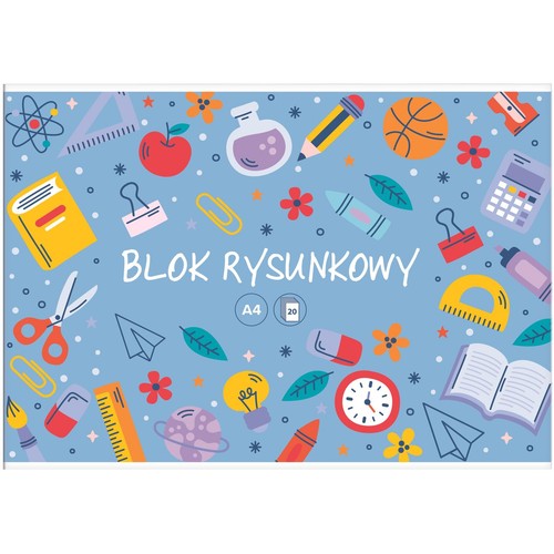 Okładka bloku rysunkowego A4 z 20 kartkami. Wzór z kolorowymi artykułami szkolnymi, takimi jak ołówek, książka, nożyczki.