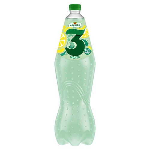 Napój Zbyszko 3 Mojito w butelce z zieloną etykietą. Widoczne cytryny, mięta i duża cyfra 3.