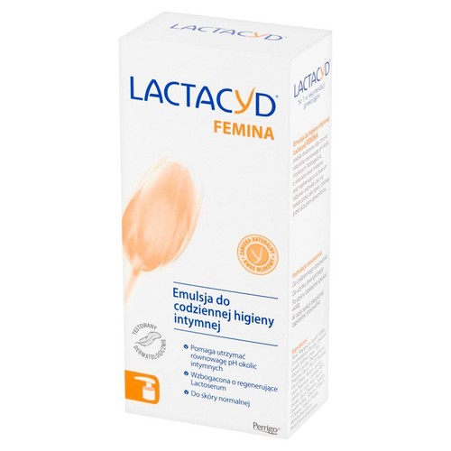 Emulsja Lactacyd Femina do higieny intymnej. Pomaga utrzymać pH, zawiera Lactoserum i kwas mlekowy.