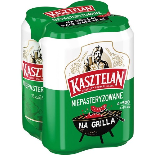 Piwo Kasztelan Niepasteryzowane w opakowaniu zbiorczym zawierającym 4 puszki po 500 ml. Całkowita objętość 2 litry, 4.6% alkoholu. Etykieta z wizerunkiem mężczyzny, hasłem "Na grilla!" i rysunkiem grilla.