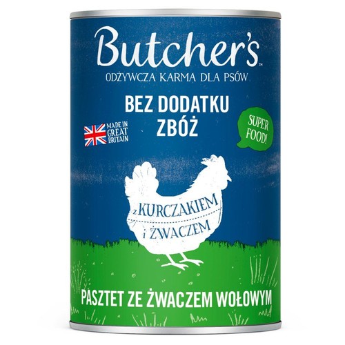 Puszka Butcher's, odżywcza karma dla psów. Pasztet z kurczakiem i żwaczem wołowym. Bez dodatku zbóż.