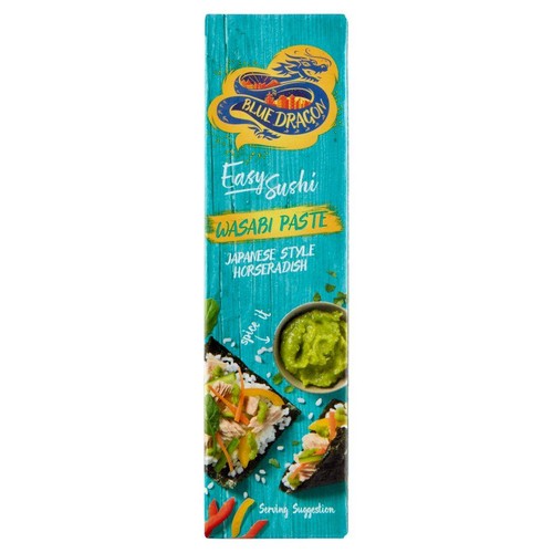 Opakowanie pasty wasabi Blue Dragon Easy Sushi. Na niebieskim tle logo smoka i grafika sushi z zieloną pastą.