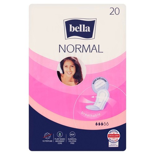 Bella Normal podpaski, 20 sztuk. Bez perfum, z roślinnym rdzeniem, oddychające.