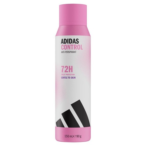 Antyperspirant Adidas Control w różowej butelce z aerozolem. Pojemność 150 ml, z napisem 72H.