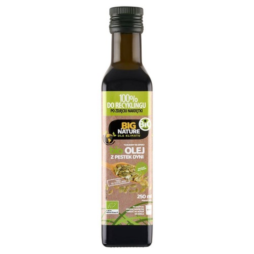 Ciemna szklana butelka oleju z pestek dyni Big Nature Bio o pojemności 250 ml, z ciemnozieloną zakrętką. Na etykiecie widnieje napis "Olej z pestek dyni", informacja o tłoczeniu na zimno oraz logo BIO. Produkt jest w 100% do recyklingu.