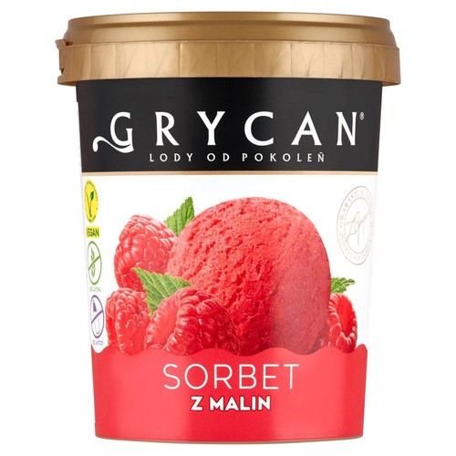Opakowanie sorbetu Grycan z malin. Na etykiecie grafika gałki sorbetu z malinami i listkami mięty. Produkt wegański, bezglutenowy, bez laktozy.
