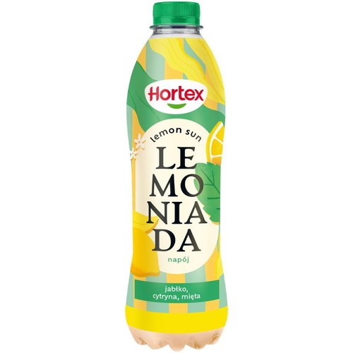 Plastikowa butelka lemoniady Hortex Lemon Sun z zieloną zakrętką. Na etykiecie widnieje nazwa produktu oraz informacja o smaku: jabłko, cytryna, mięta. Etykieta jest kolorowa, z grafikami cytryn, liści mięty i kawałków jabłek.