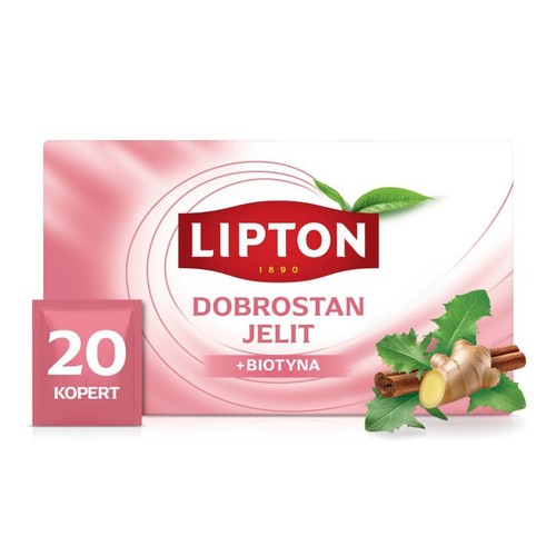 Lipton Dobrostan Jelit z biotyną, 20 saszetek. Różowe opakowanie z rysunkiem imbiru, cynamonu i liści.