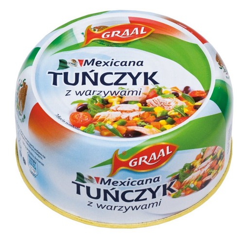 Puszka tuńczyka Graal Mexicana z warzywami. Na etykiecie grafika tuńczyka z kukurydzą, fasolą i pomidorami.