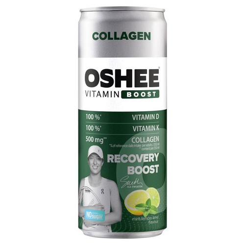 Napój OSHEE Vitamin Boost Collagen Recovery z witaminami D, K i kolagenem. Smak mięty, cytryny i limonki. Bez dodatku cukru.