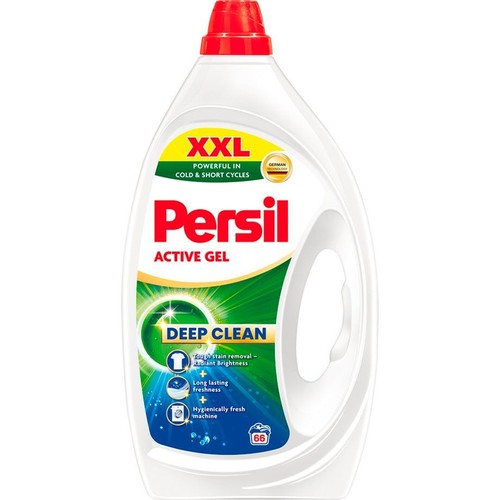 Biała butelka żelu do prania Persil Active Gel XXL, 66 prań. Skuteczny w zimnych cyklach.